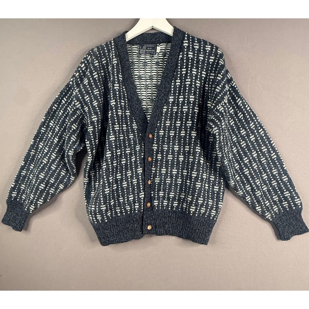 Vtg Peconic Bay Traders Cardigan Mens L Blue Wool Blend Grandpa Academia USA